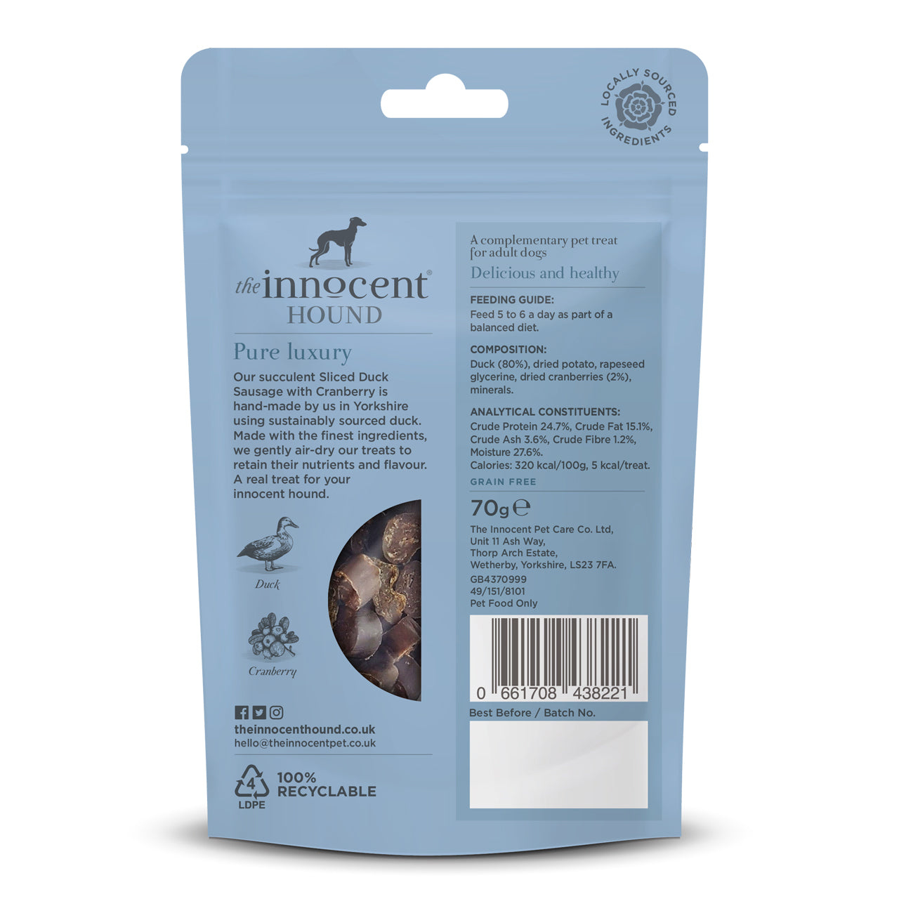 The Innocent Hound Sliced Duck Sausage 70G